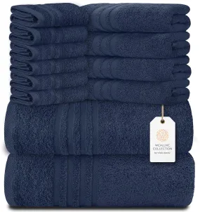 12 Pcs Bath Towel Set for Bathroom Wealuxe Collection 100% Cotton Soft Navy Blue