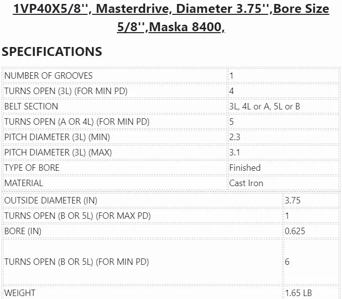 1VP40-5/8,Masterdrive,Dia 3.75'',Bore 5/8'',Variable Pitch Adjustable,