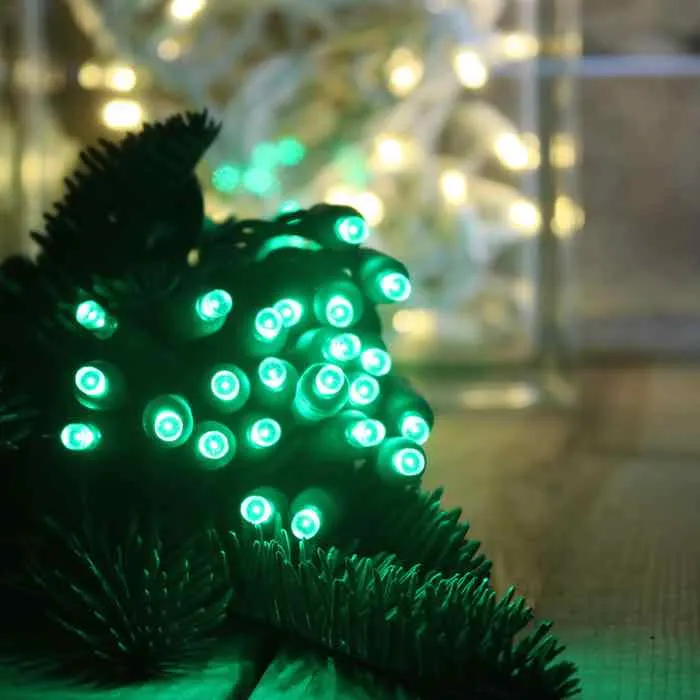 50-light  5mm Green LED Christmas Lights, Green Wire 6" Spacing