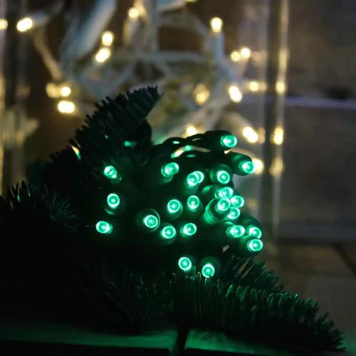 50-light  5mm Green LED Christmas Lights, Green Wire 6" Spacing