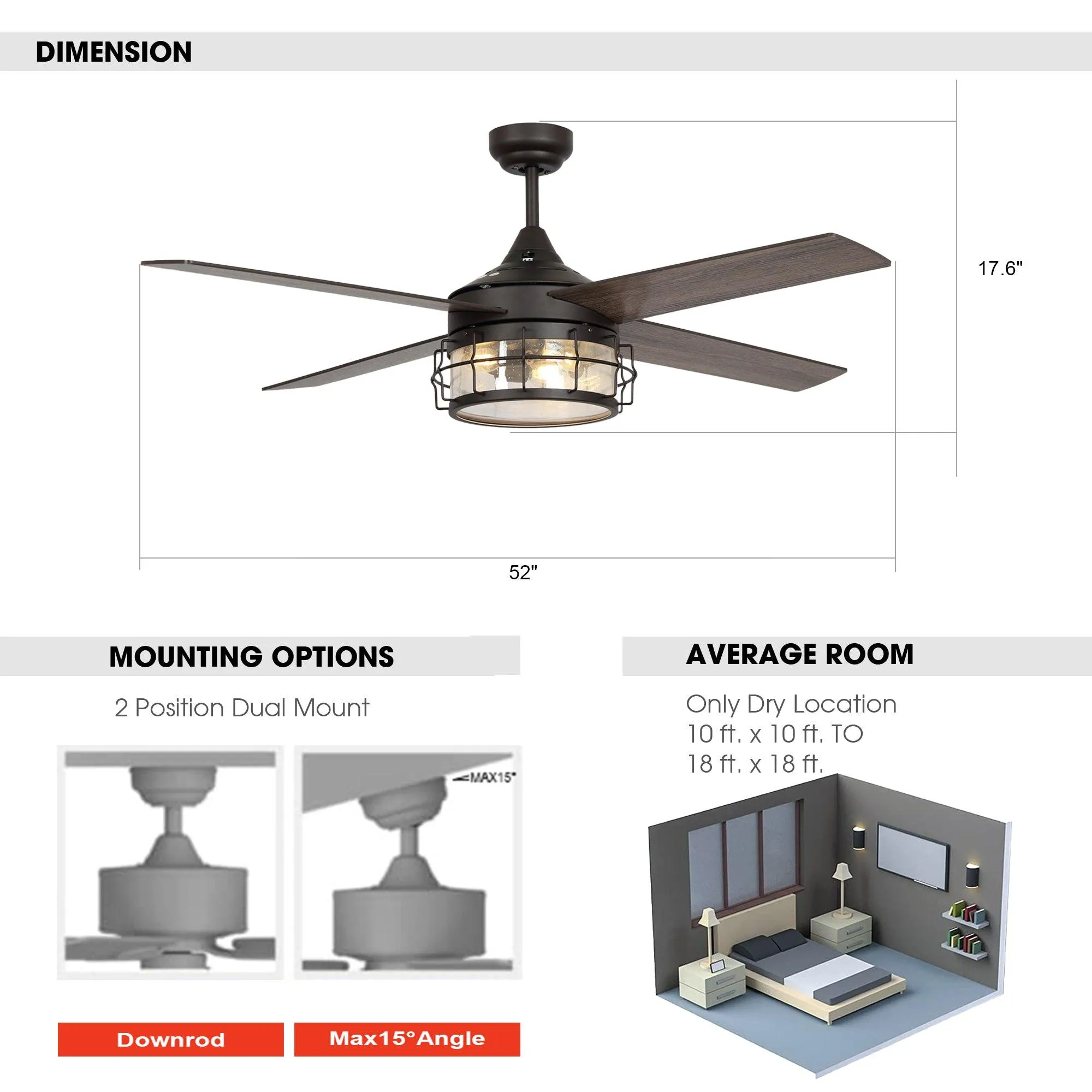 52" Celentano Industrial Downrod Mount Reversible Ceiling Fan with Lighting and Remote Control