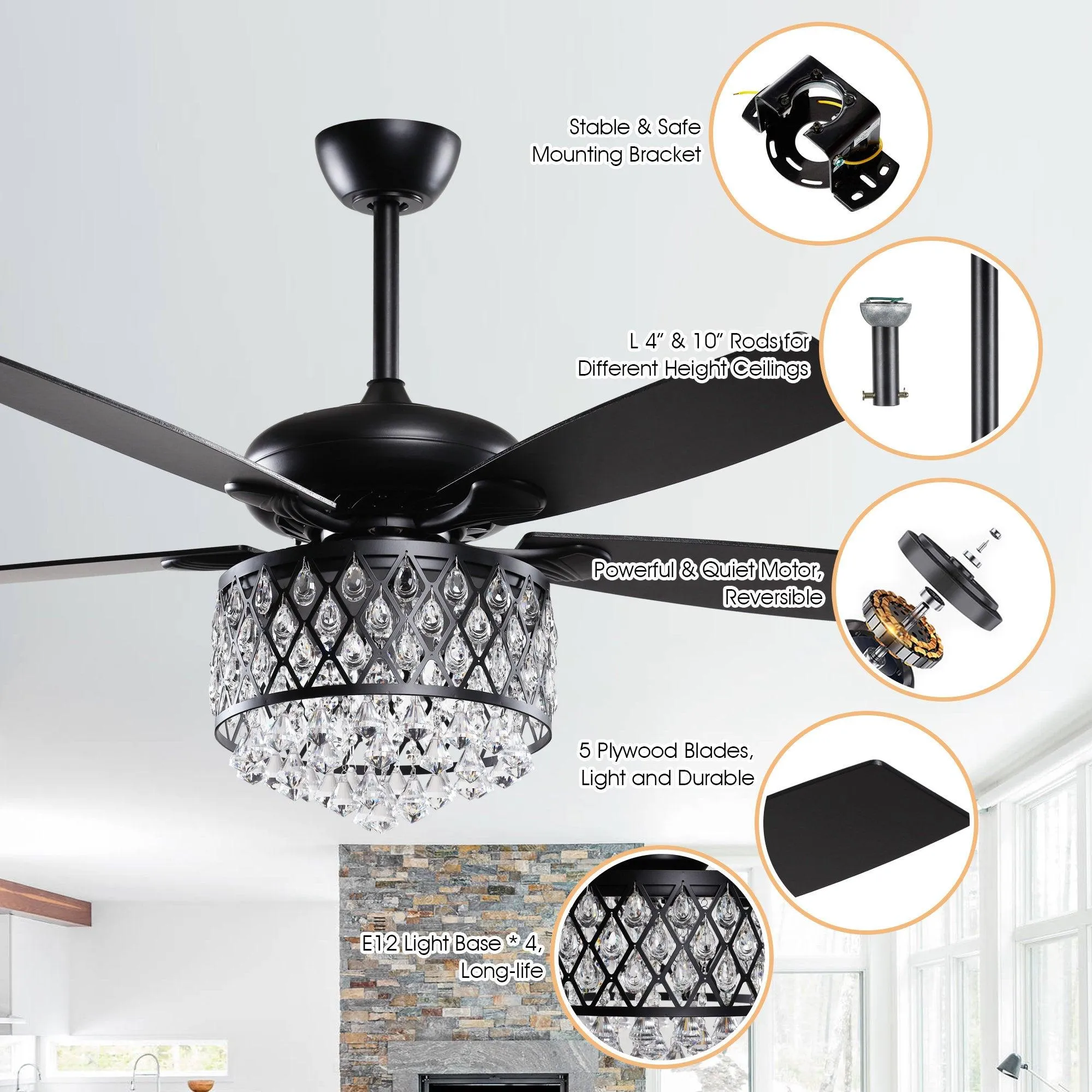 52" Wethington Modern Downrod Mount Reversible Crystal Ceiling Fan with Lighting and Remote Control