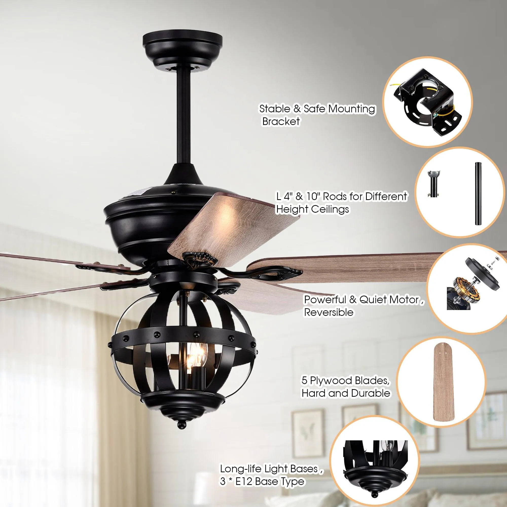 52" Wilburton Industrial Downrod Mount Reversible Ceiling Fan with Lighting and Remote Control