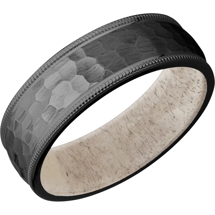 7mm wide Domed Milgrain Edges Black Titanium Ring with Hammer Finish / Antler Sleeve