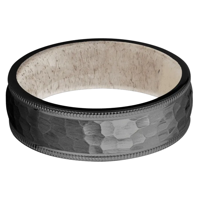 7mm wide Domed Milgrain Edges Black Titanium Ring with Hammer Finish / Antler Sleeve