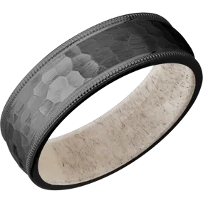 7mm wide Domed Milgrain Edges Black Titanium Ring with Hammer Finish / Antler Sleeve