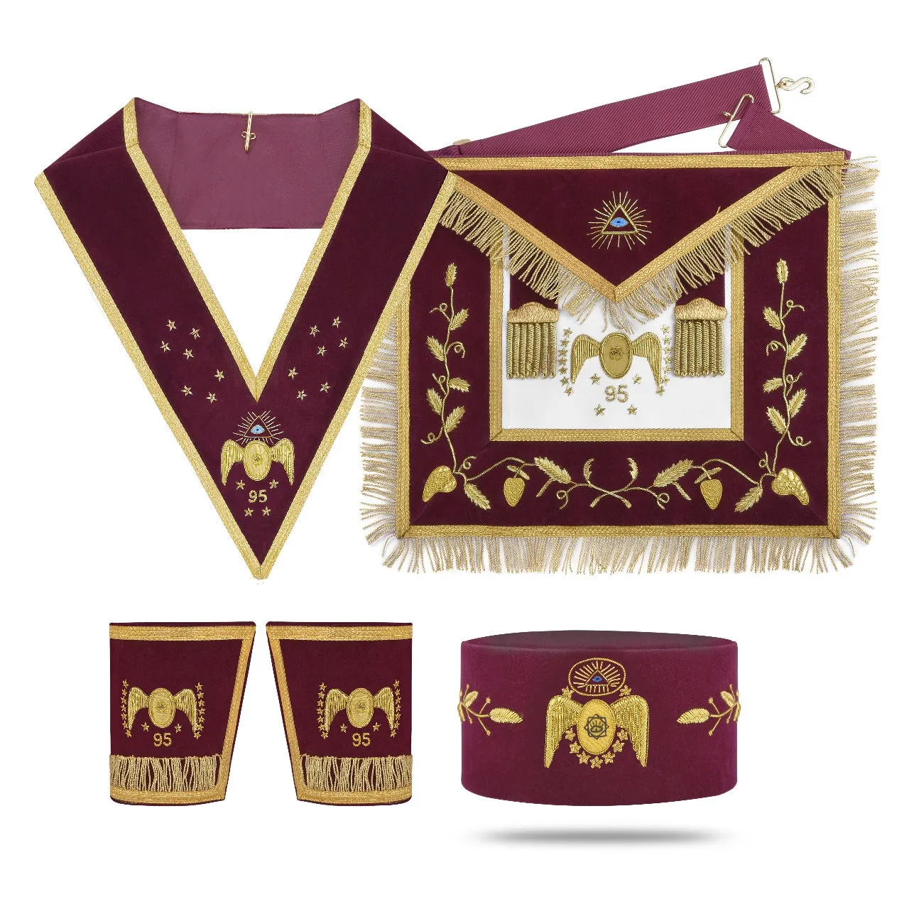 95th Degree Memphis Misraim French Regulation Regalia Set - Burgundy & Gold Hand Embroidery