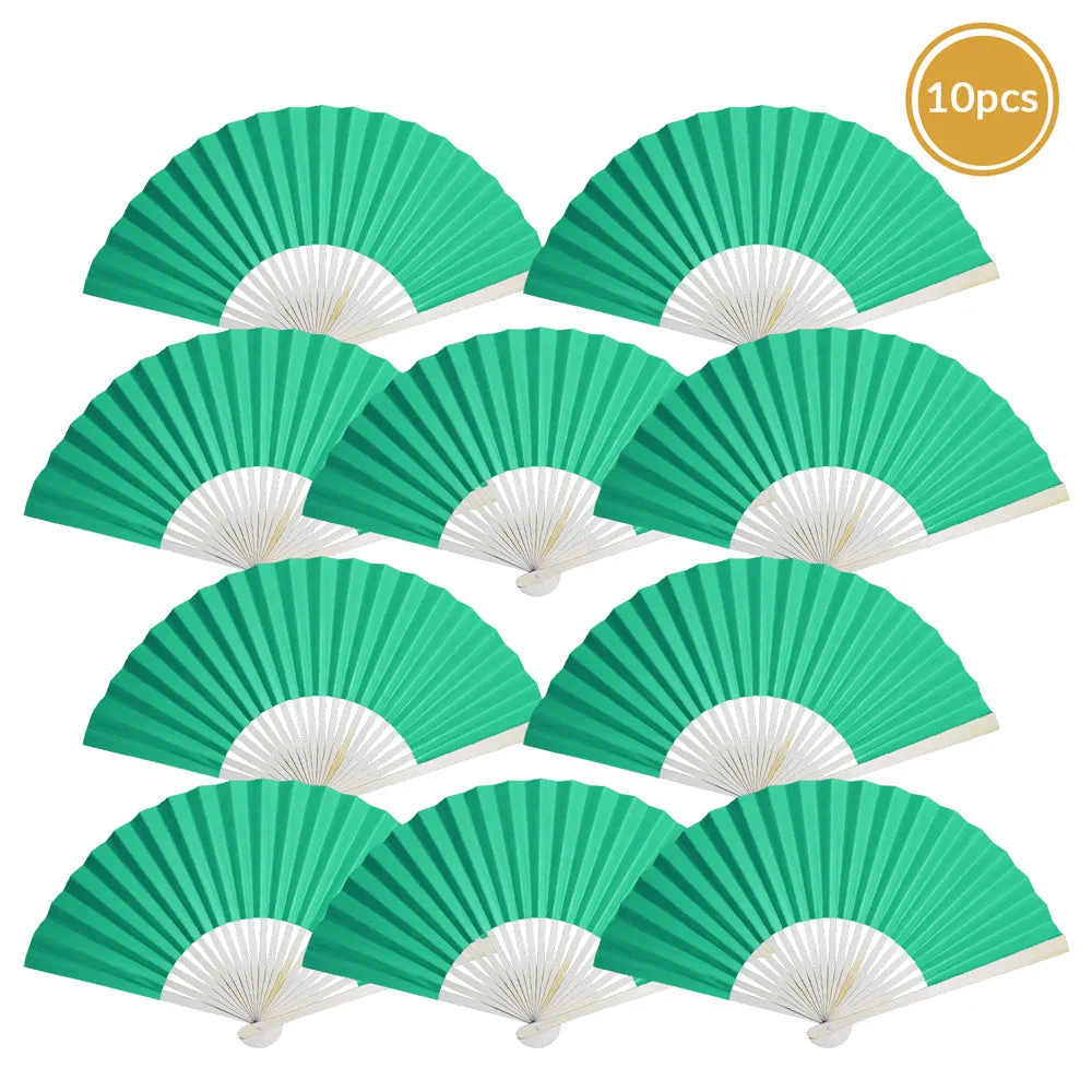 9" Teal Green Paper Hand Fans for Weddings, Premium Paper Stock (10 Pack)