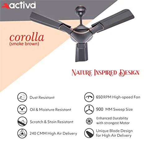 ACTIVA Corolla Smoke Brown 650 RPM High Speed (36 Inch) 900 MM Sweep BEE Approved Anti Dust Coating Ceiling Fan with 2 Years Warranty