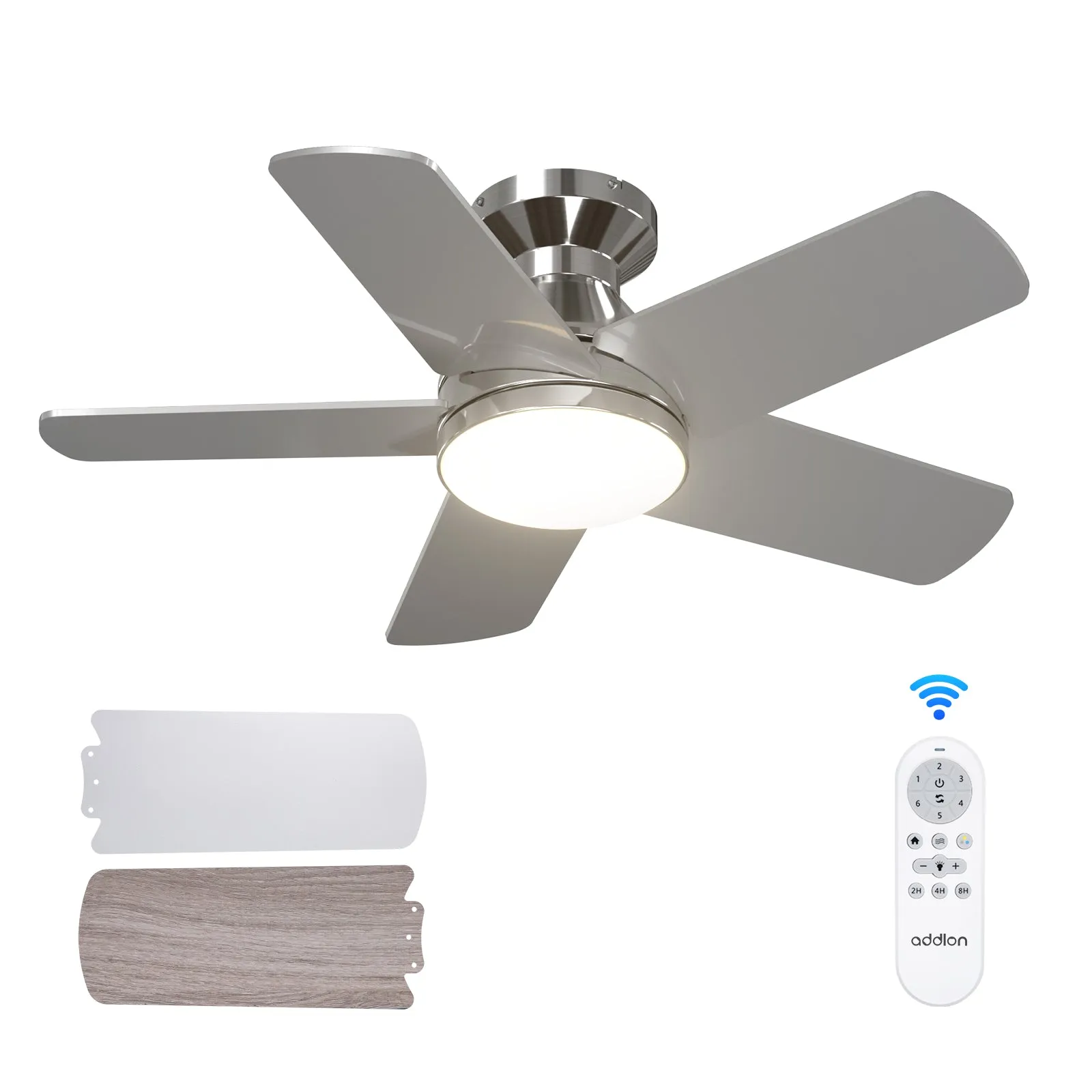 Addlon Ceiling Fans with Lights, 32/42/52 inch Low Profile Ceiling Fan with Light and Remote Control, Flush Mount, Reversible, 3CCT, Dimmable, Quiet, White/Nickel/Black Small Ceiling Fan for Bedroom Indoor/Outdoor Use