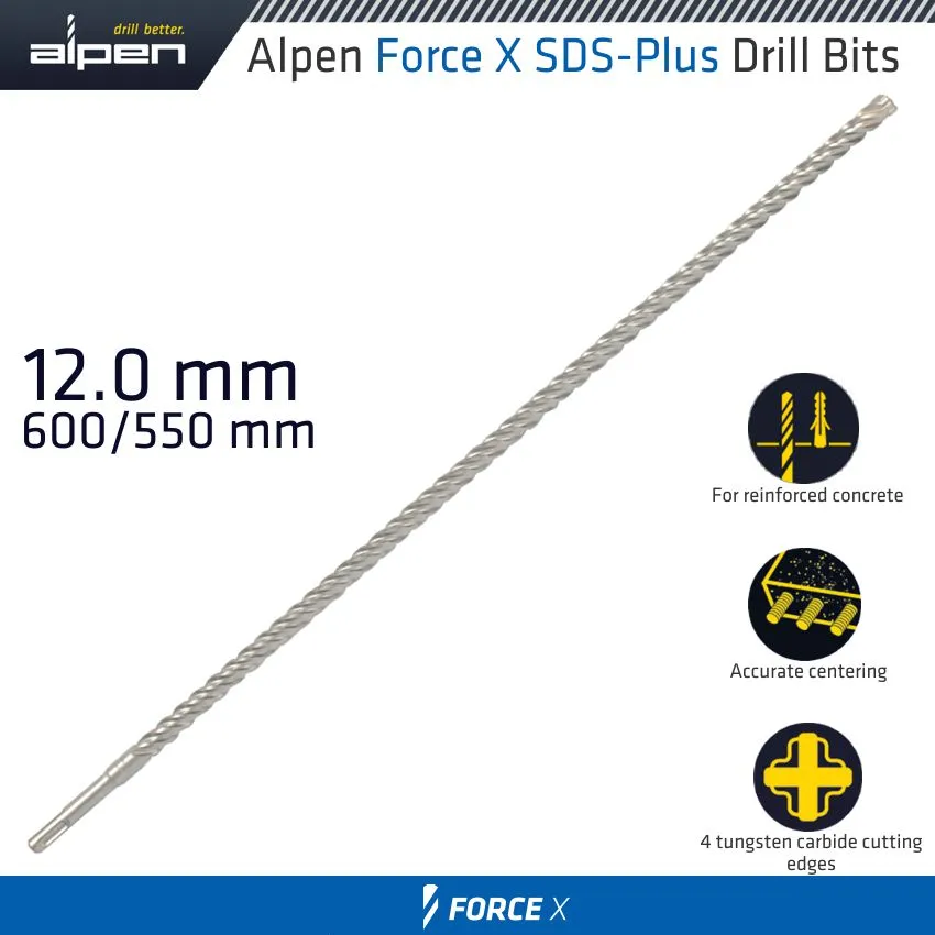 ALPEN FORCE X 12.0 x 600/550  SDS-PLUS DRILL BIT X4 CUTTING EDGES ALP905012