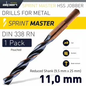 ALPEN HSS SPRINT MASTER 11.0MM RED SHANK 9.5MM X1 SLEEVED DIN338 ALPEN DRILL ALP6400110