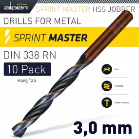 ALPEN HSS SPRINT MASTER 3.0MM 10-PACK HANG TAG DIN 338 ALPEN DRILL BITS ALP6310030