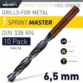 ALPEN HSS SPRINT MASTER 6.5MM 10-PACK HANG TAG DIN 338 ALPEN DRILL BITS ALP6310065