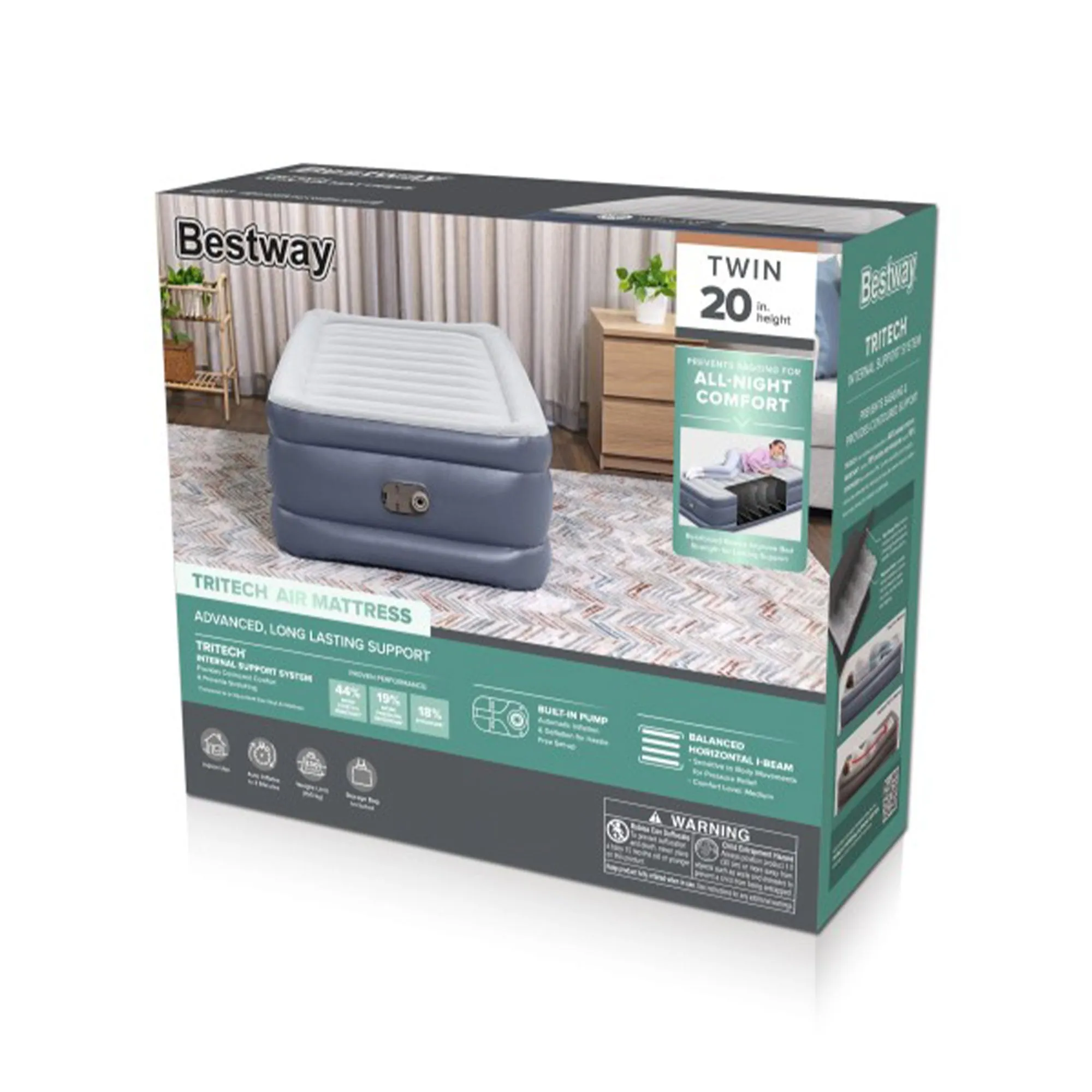 Bestway Tritech Air Mattress Inflatable Twin-Sized Bed with Built-In AC Pump