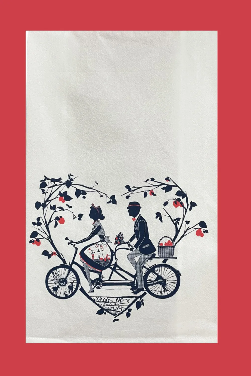 Bicycle Built For Two Tea Towel in Navy & Coral