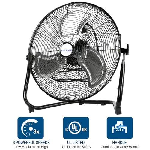 BILT HARD 4650 CFM 20" High Velocity Floor Fan, 3-Speed Heavy Duty Metal Fan with Wall-Mounting System, Industrial Shop Fan for Commercial, Garage, and Greenhouse