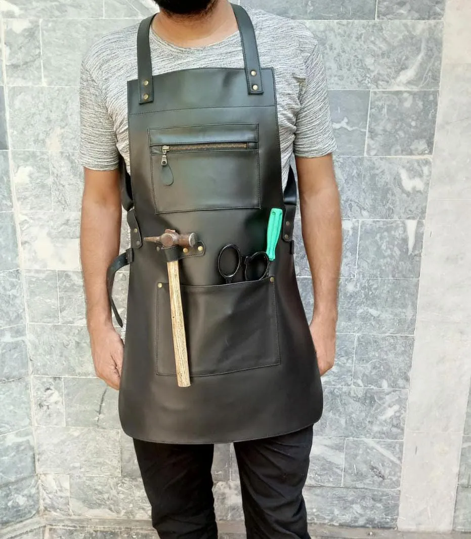 Black Leather Workshop Apron - Versatile Convenience