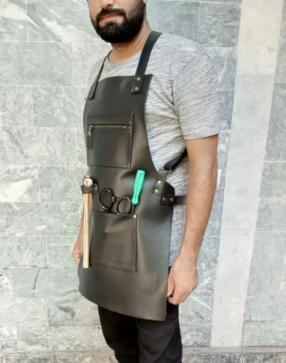 Black Leather Workshop Apron - Versatile Convenience