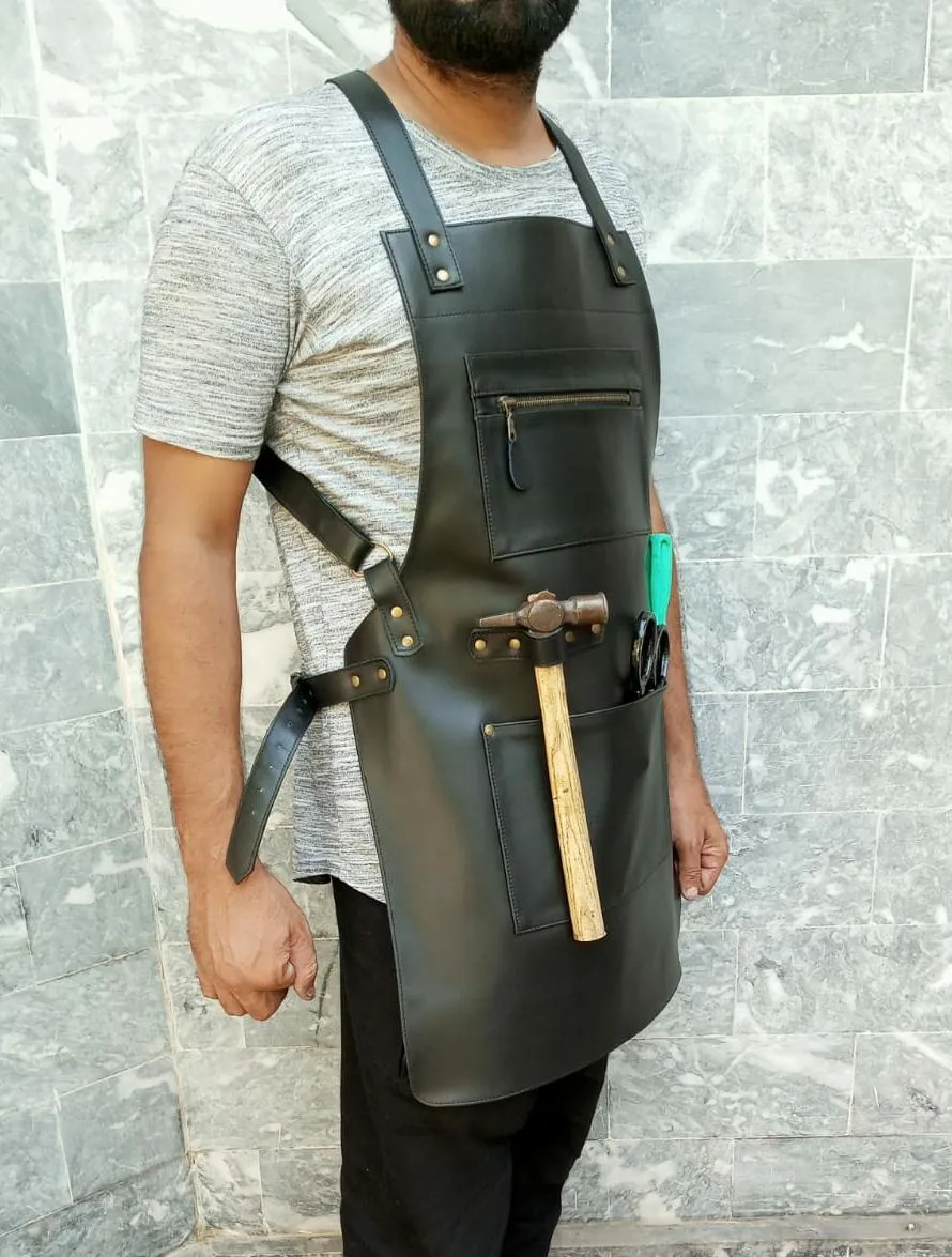 Black Leather Workshop Apron - Versatile Convenience