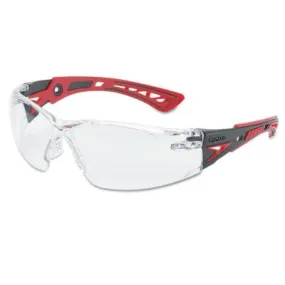 Bolle Rush  Series Safety Glasses, Clear Lens, Anti-Fog/Anti-Scratch, Gray/Red Temple, 41080