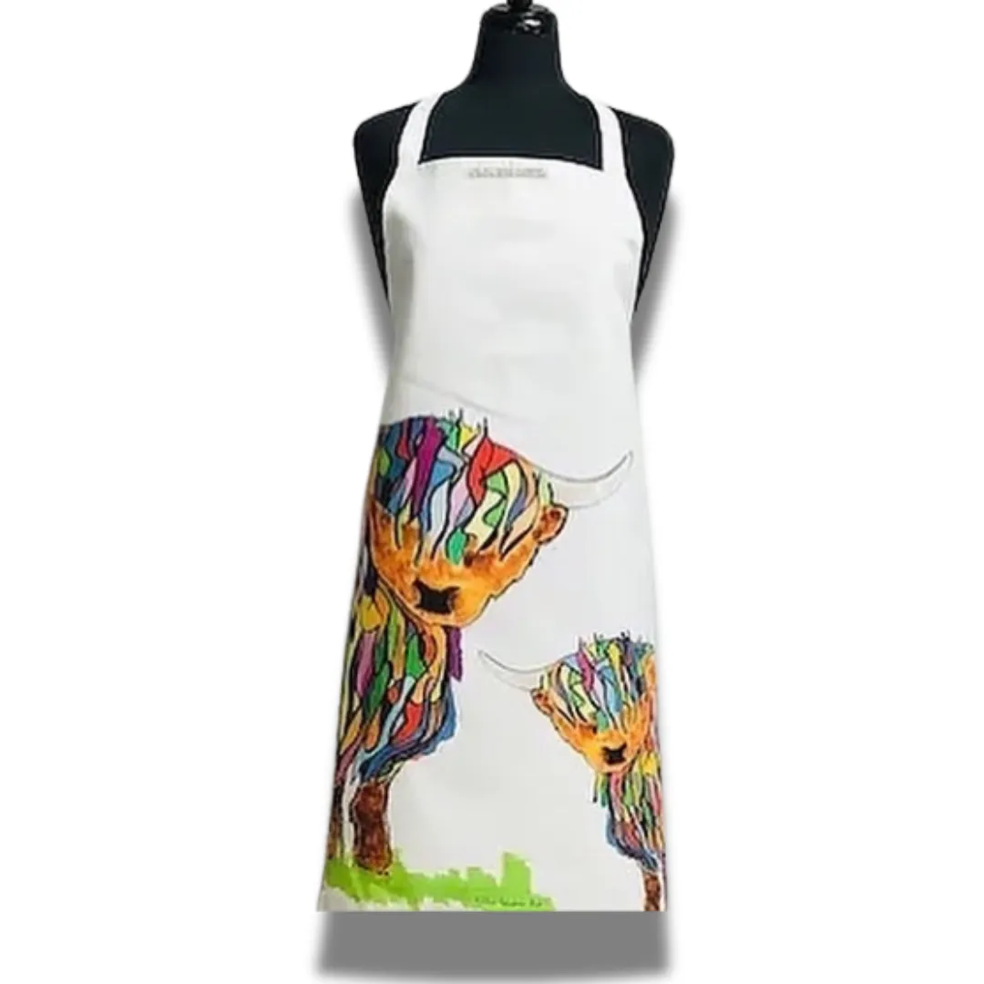 BRIGHT HIGHLAND COW APRON ON WHITE