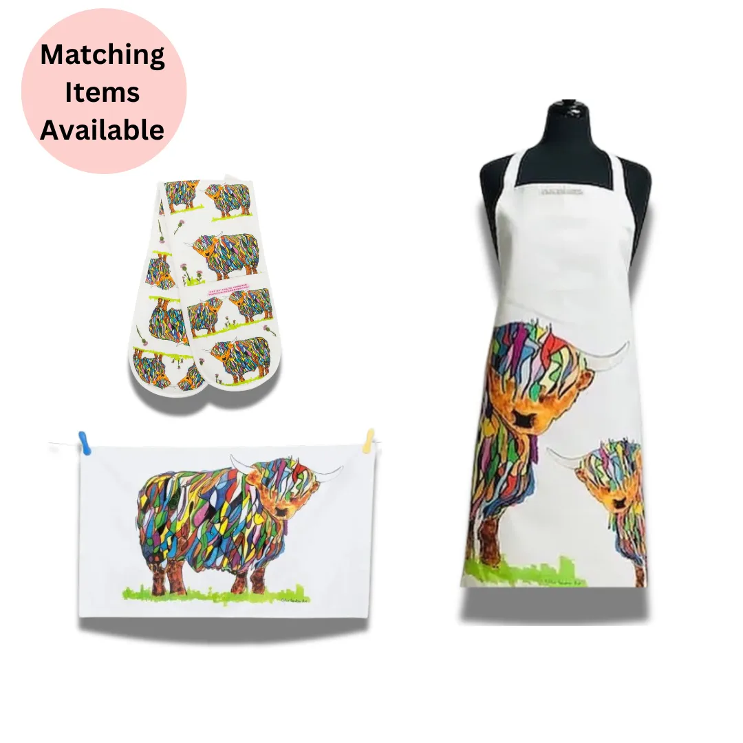 BRIGHT HIGHLAND COW APRON ON WHITE