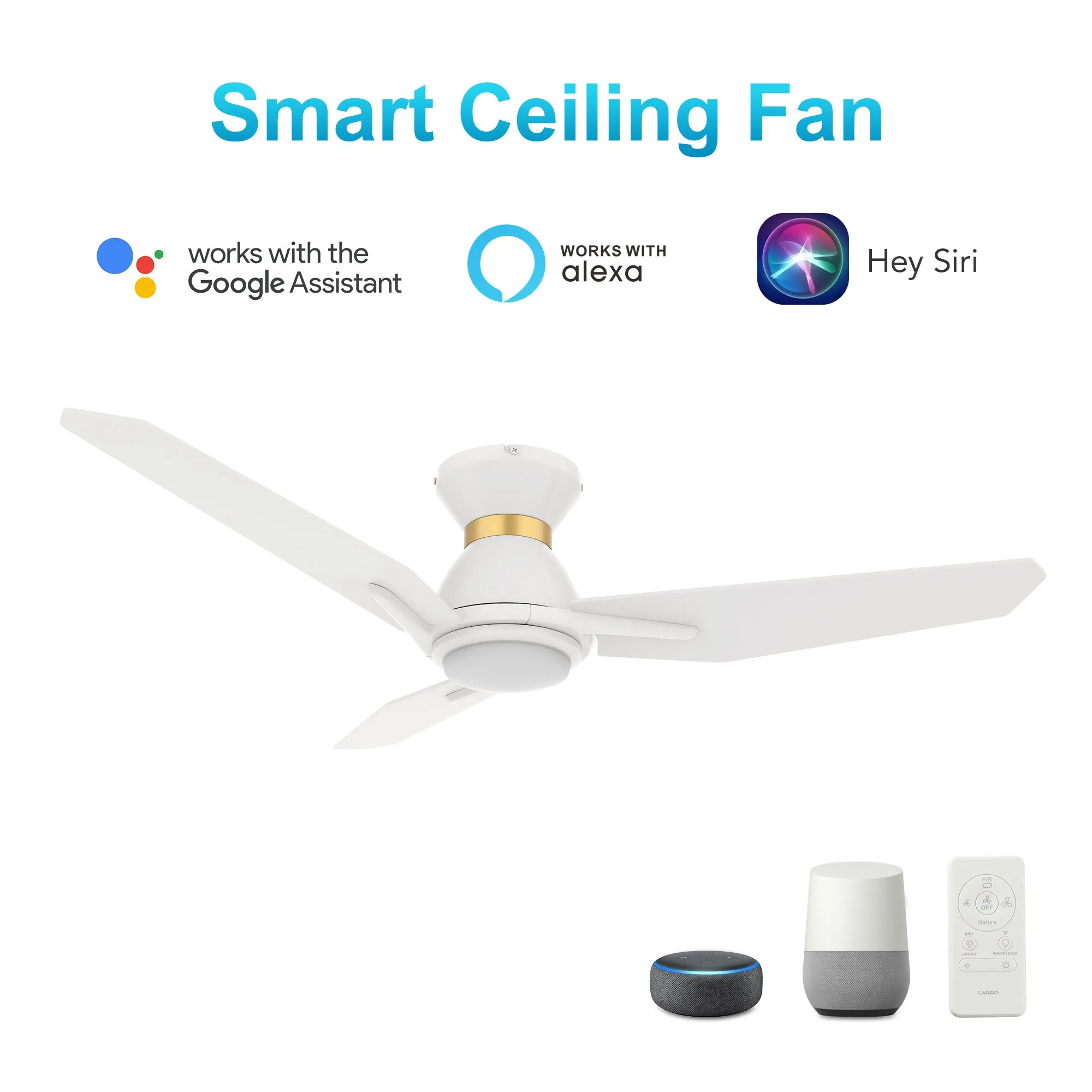 CALEN 48 inch 3-Blade Flush Mount Smart Ceiling Fan with LED Light Kit & Remote Control- White/White (Gold Detail)