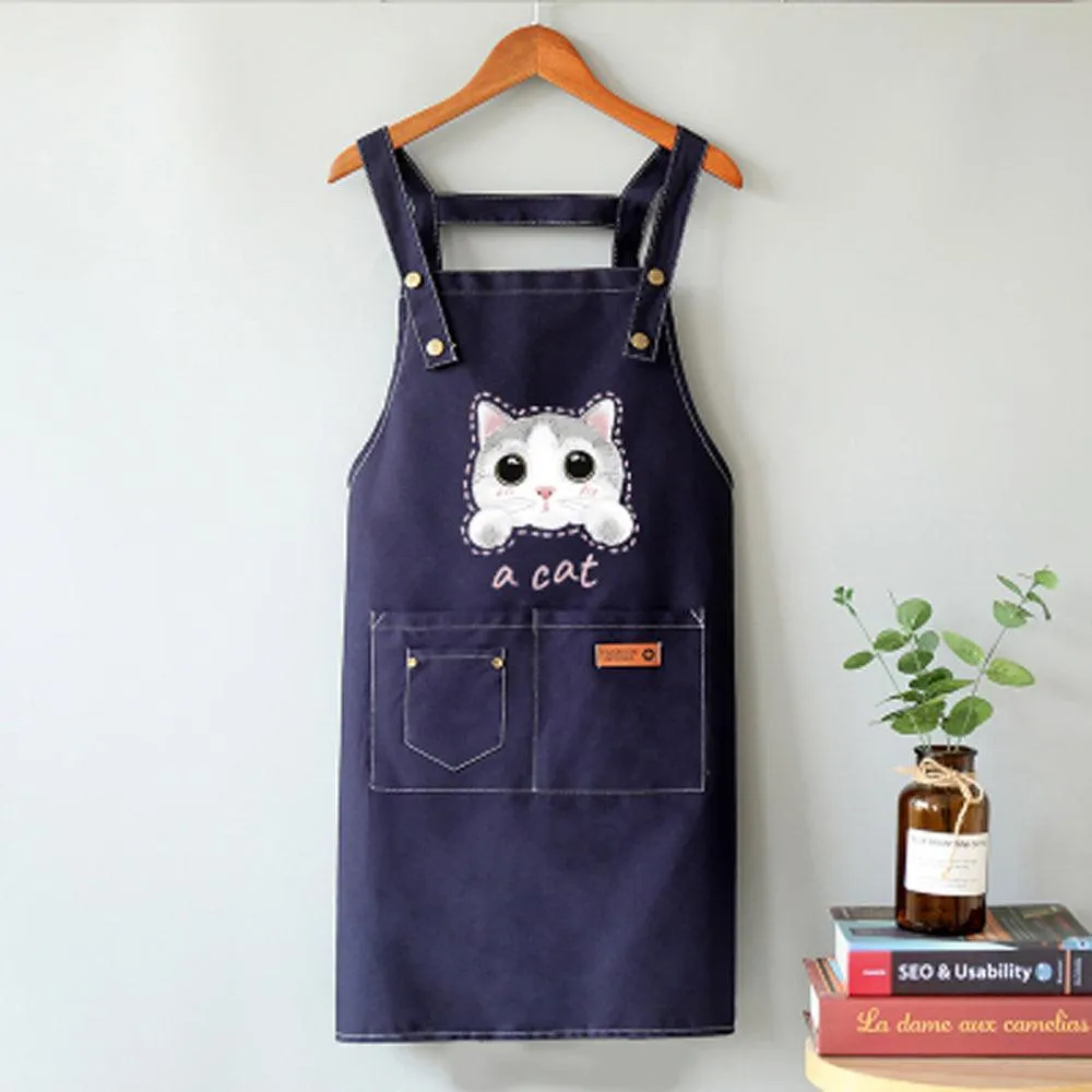 Cat Apron Canvas Cross-back Adjustable Strap with 3 Pockets Kitchen Apron