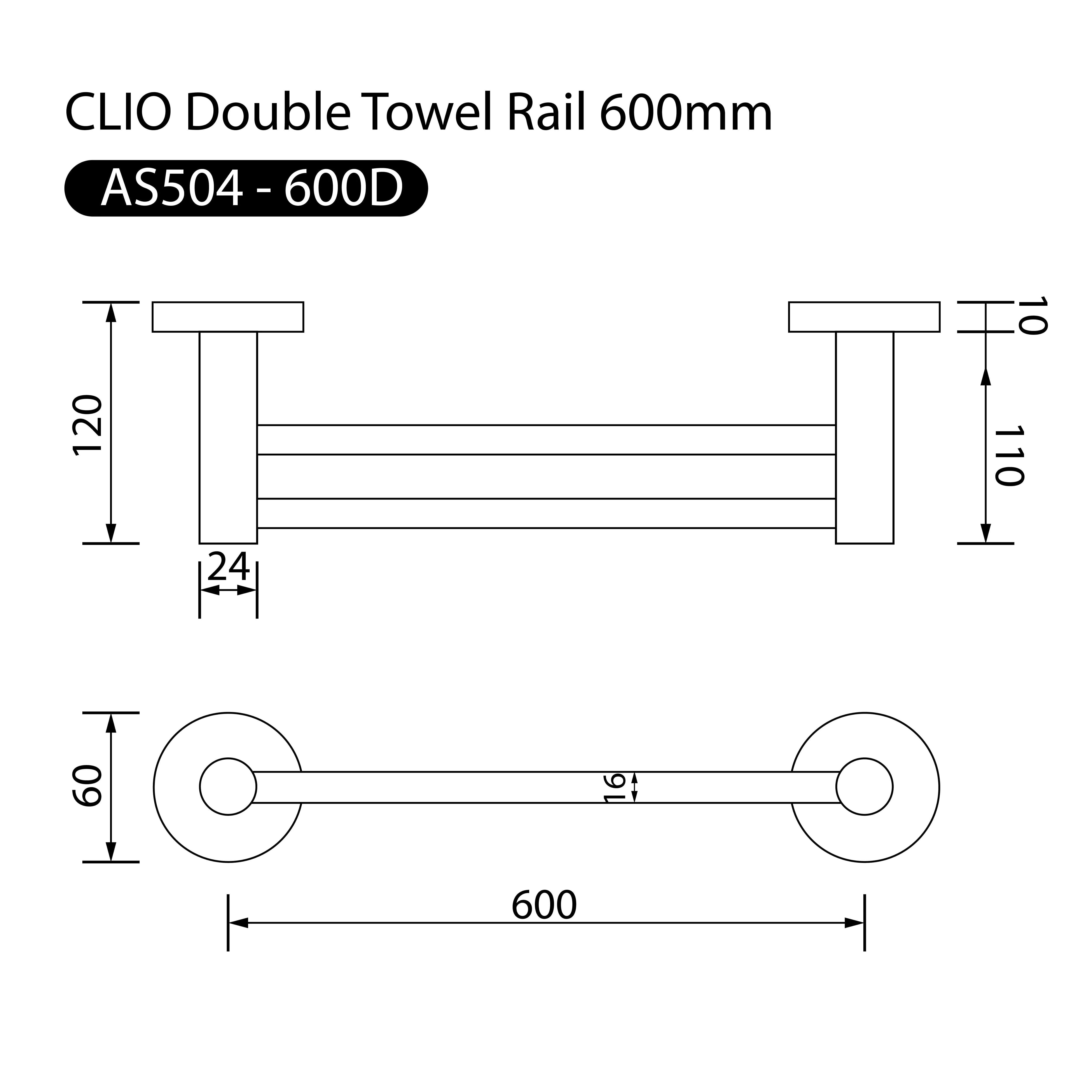 Clio Round Double Towel Rail 600mm Matte Black