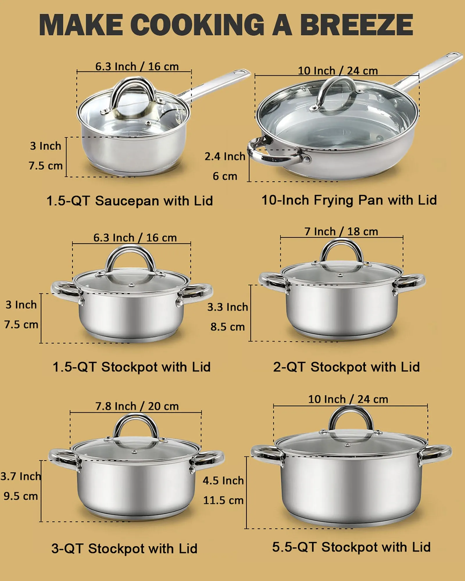 Cook N Home Kitchen Cookware Sets, 12-Piece Basic Stainless Steel Pots and Pans, Silver