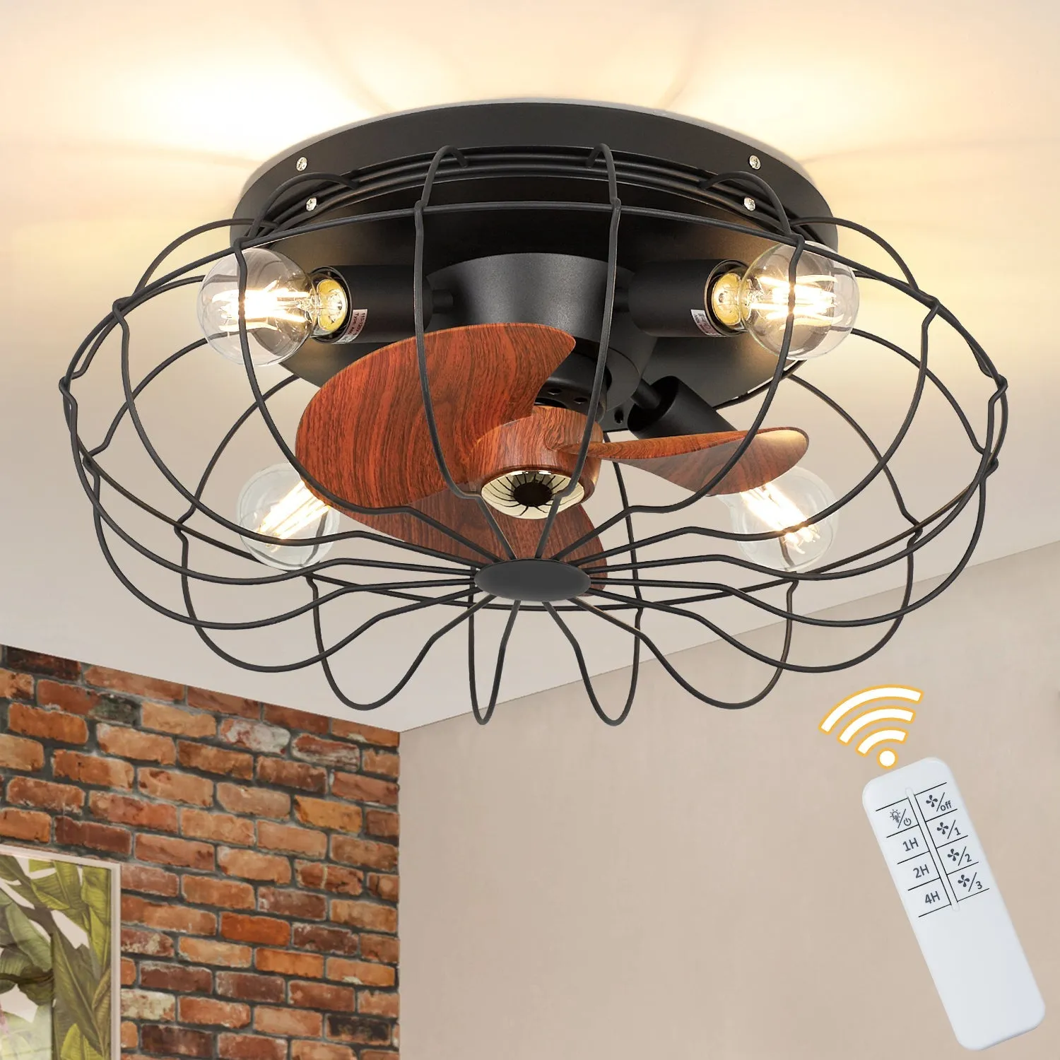 Depuley Caged Design Wooden Thickened Blades Ceiling Fan Lights with Remote, 19.7'' Semi-Enclosed Low Profile Ceiling Fan with 3-Level Wind Speed, Frosted Black Flush Mount Ceiling Fan for kitchen/Bedroom/Living Room/Farmhouse