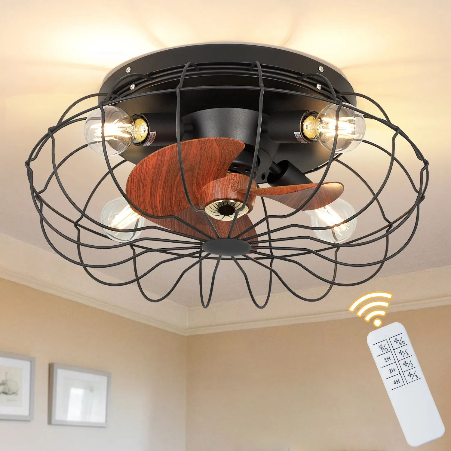 Depuley Caged Design Wooden Thickened Blades Ceiling Fan Lights with Remote, 19.7'' Semi-Enclosed Low Profile Ceiling Fan with 3-Level Wind Speed, Frosted Black Flush Mount Ceiling Fan for kitchen/Bedroom/Living Room/Farmhouse