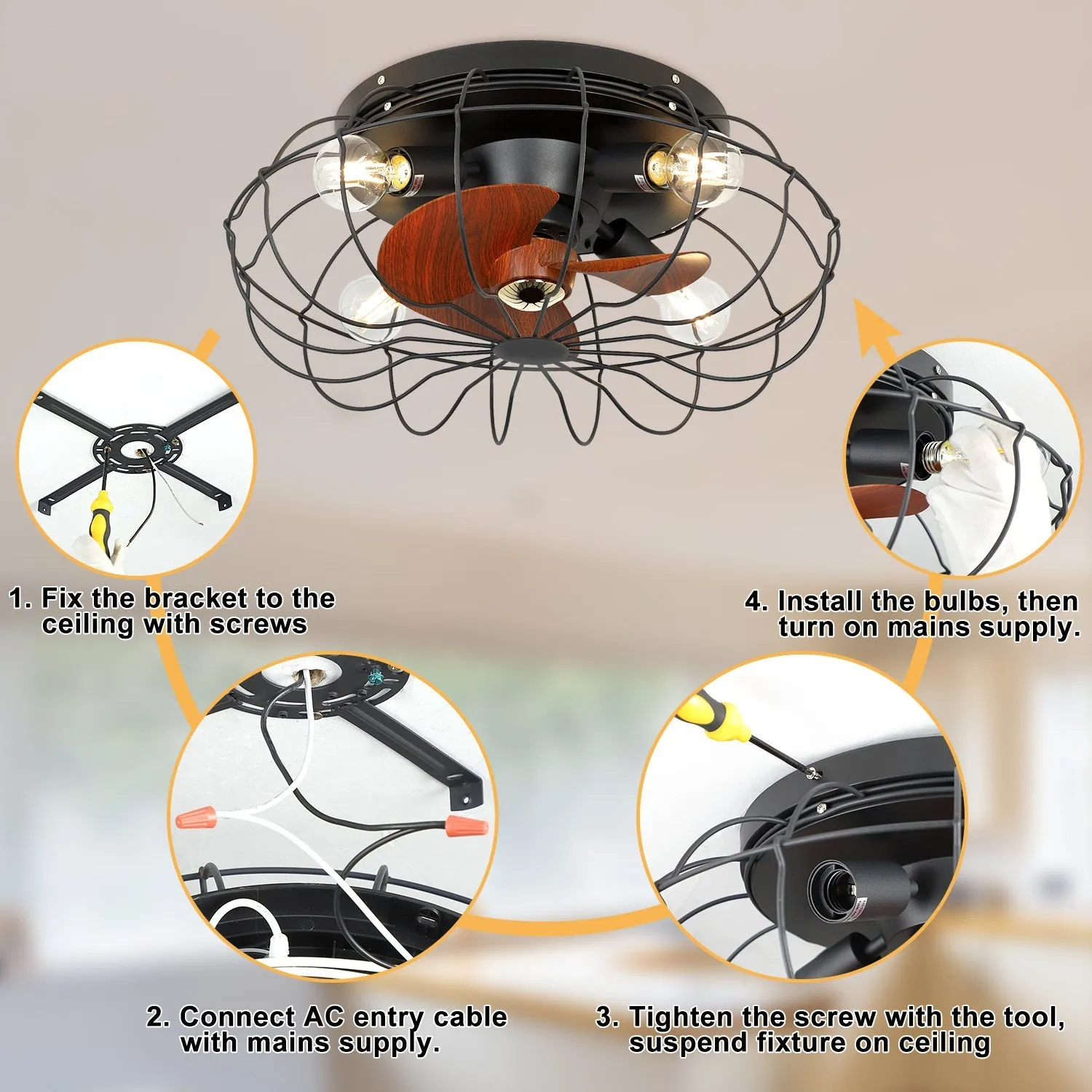 Depuley Caged Design Wooden Thickened Blades Ceiling Fan Lights with Remote, 19.7'' Semi-Enclosed Low Profile Ceiling Fan with 3-Level Wind Speed, Frosted Black Flush Mount Ceiling Fan for kitchen/Bedroom/Living Room/Farmhouse