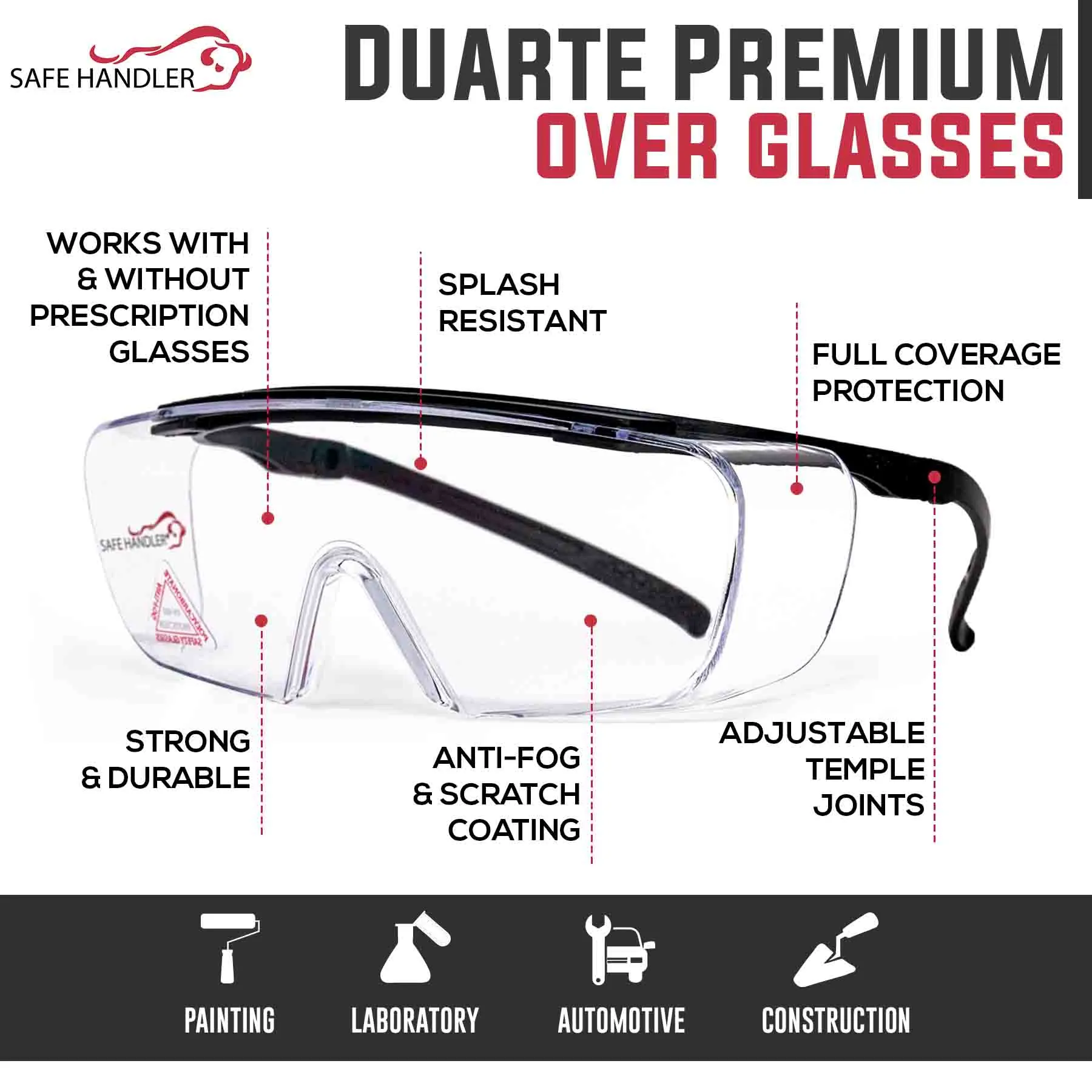 Duarte Premium Over Clear Safety Glasses, ANSI Z87.1, Anti Fog & Scratch