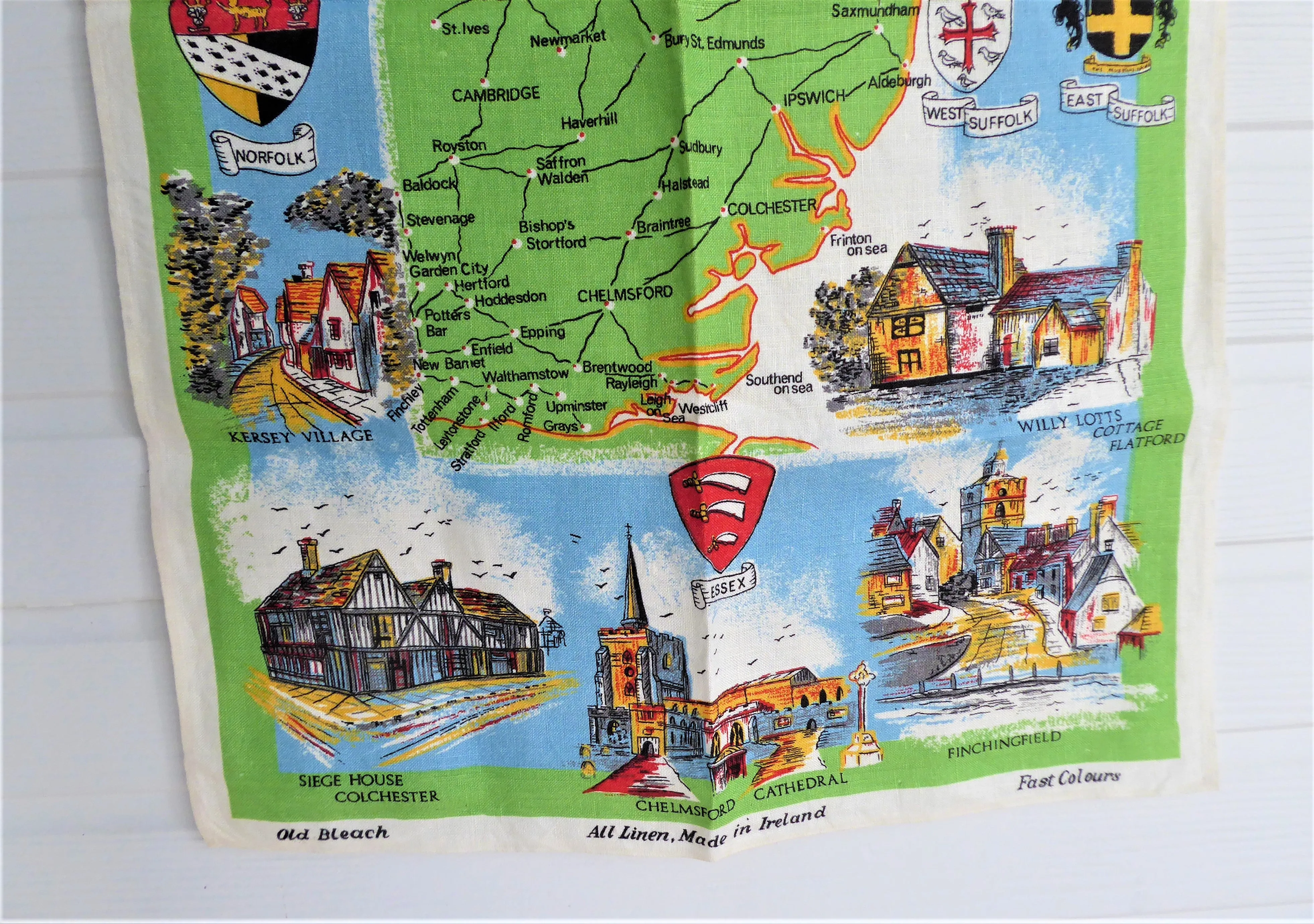 English Dish Towel Eastern Panorama Tea Towel 1950s Linen Sussex Suffolk Norfolk