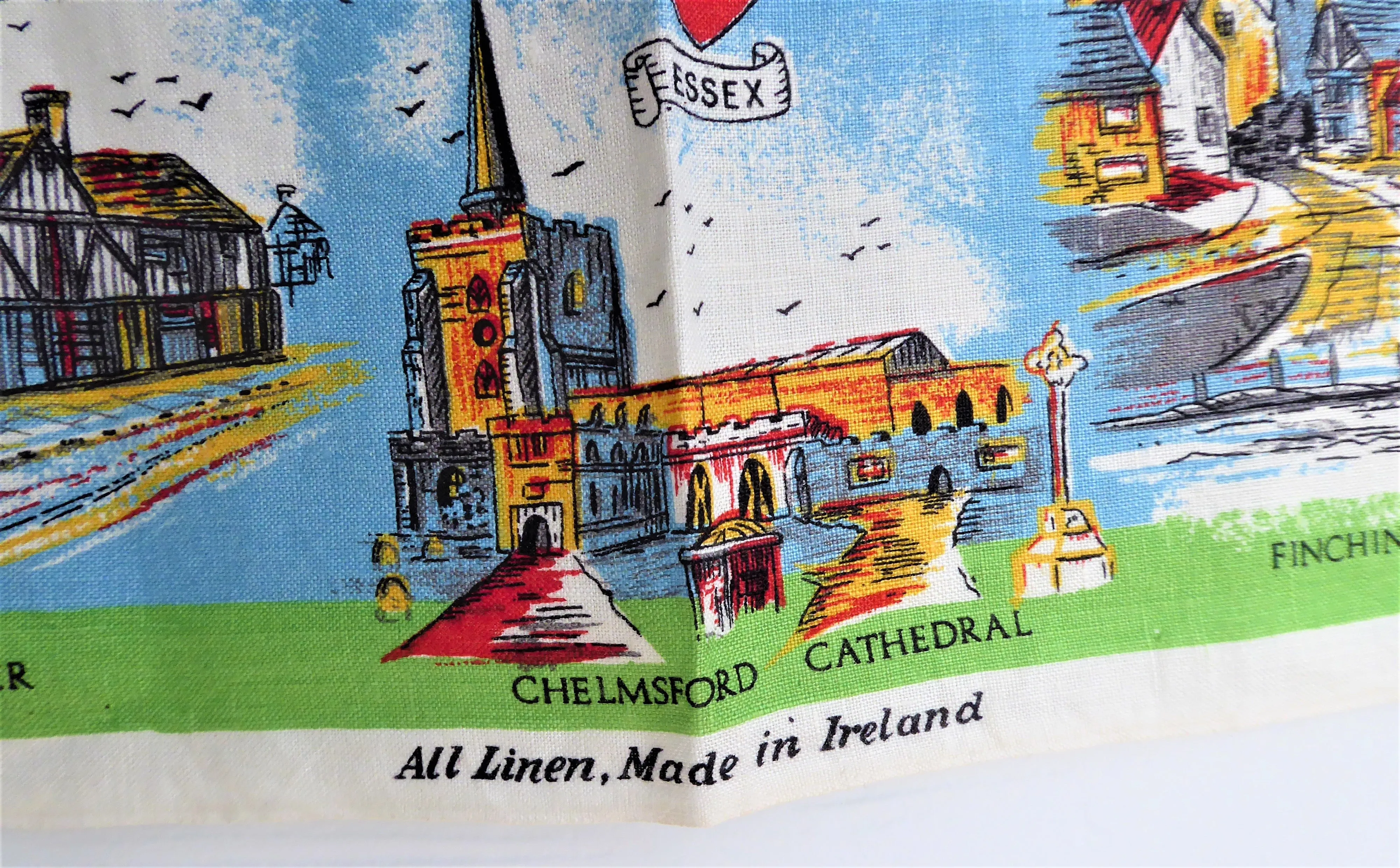 English Dish Towel Eastern Panorama Tea Towel 1950s Linen Sussex Suffolk Norfolk