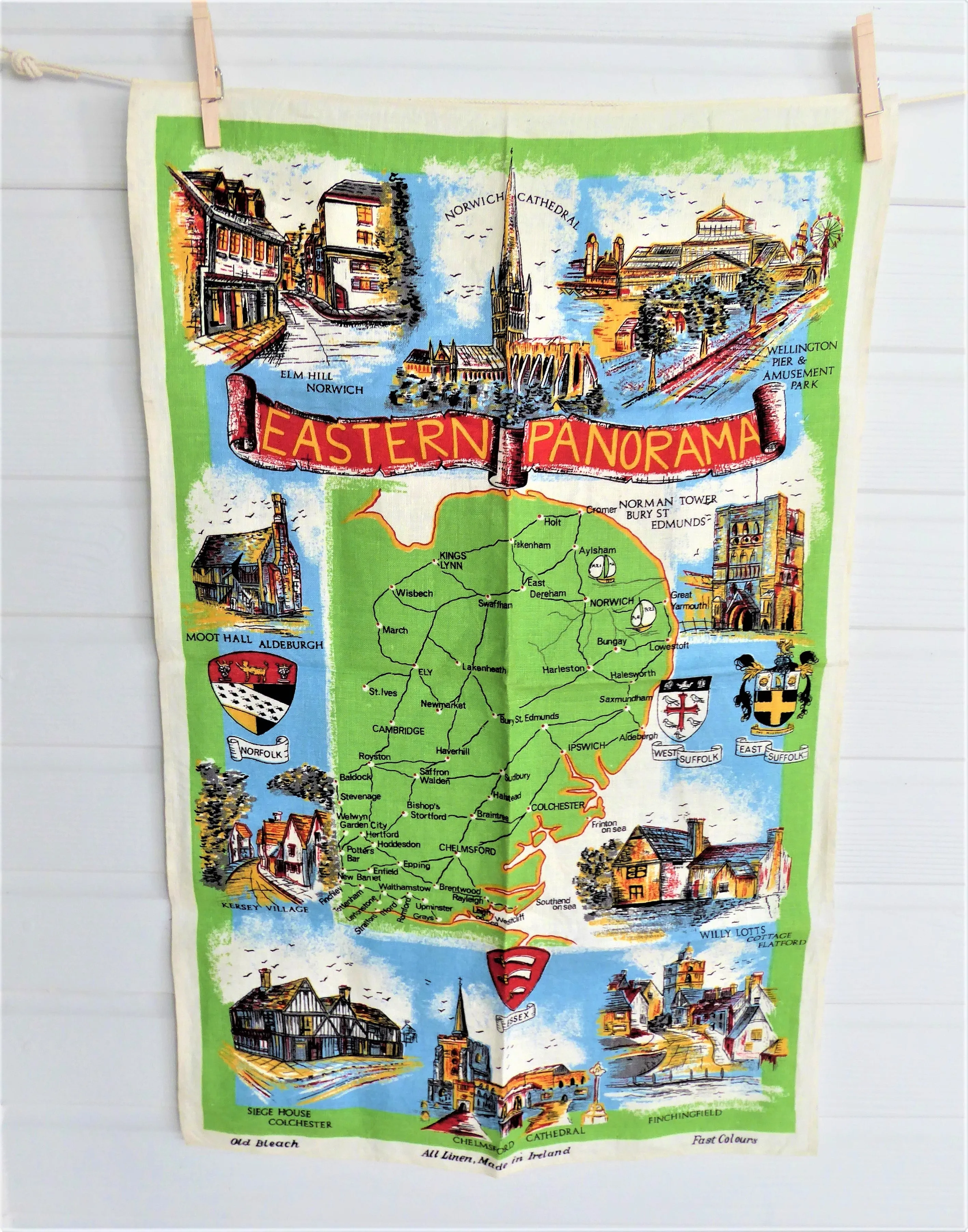 English Dish Towel Eastern Panorama Tea Towel 1950s Linen Sussex Suffolk Norfolk