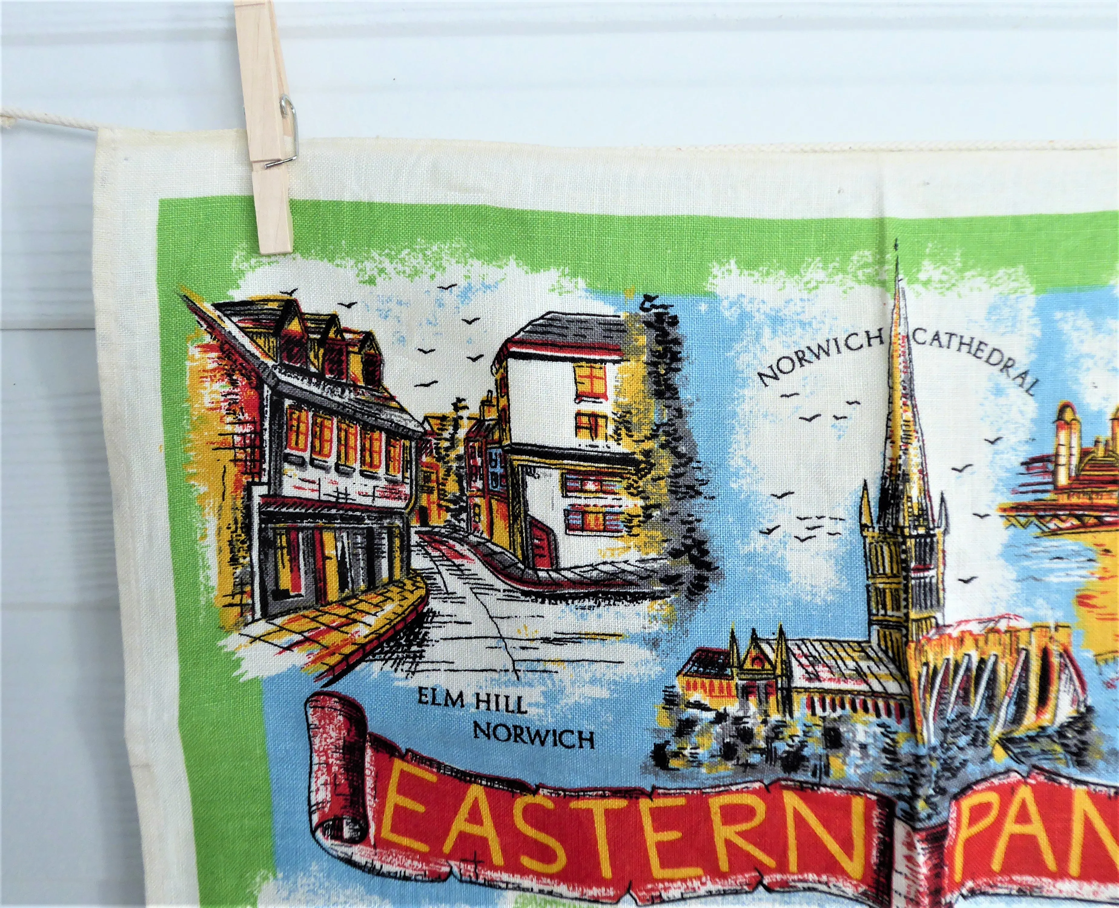 English Dish Towel Eastern Panorama Tea Towel 1950s Linen Sussex Suffolk Norfolk