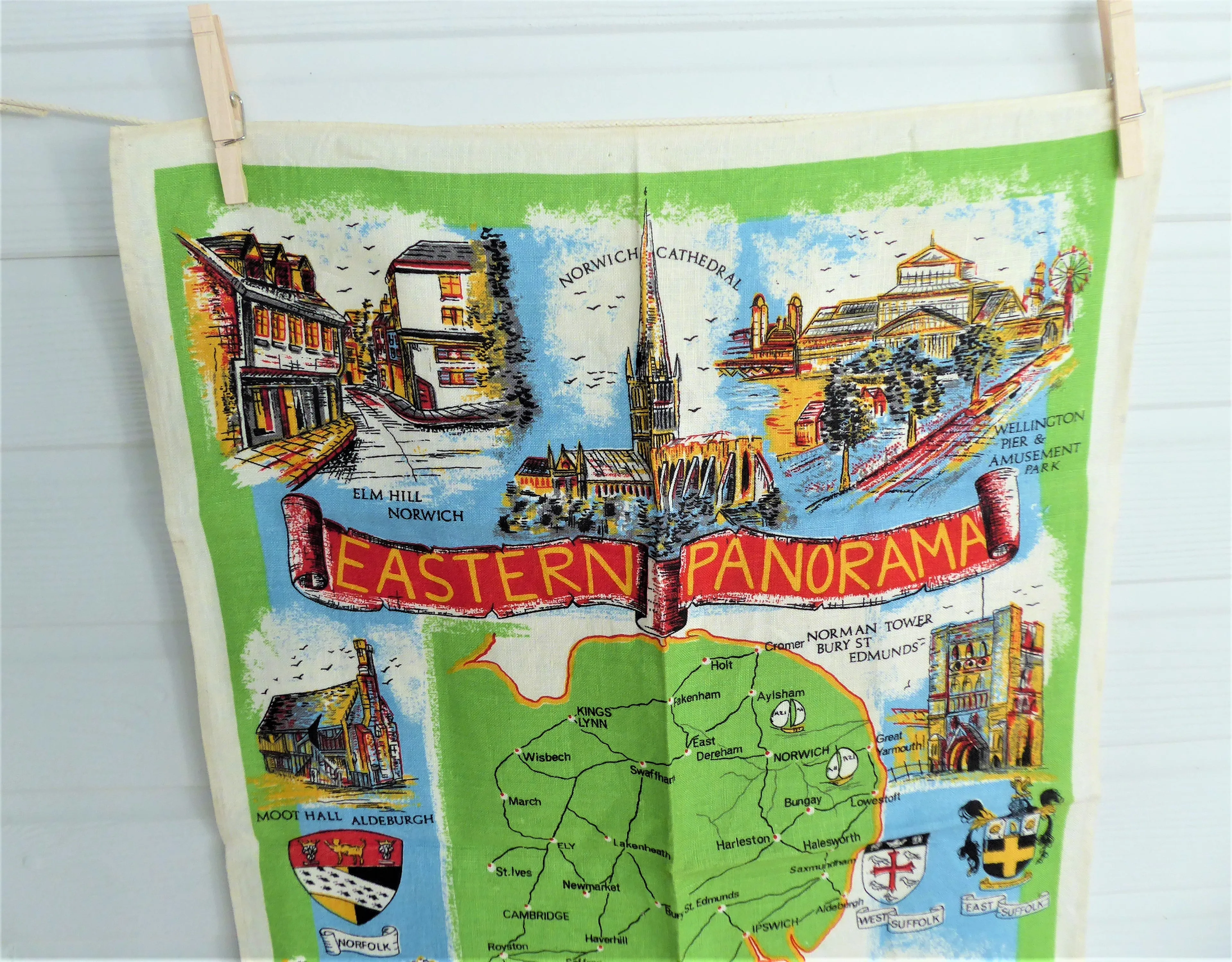 English Dish Towel Eastern Panorama Tea Towel 1950s Linen Sussex Suffolk Norfolk