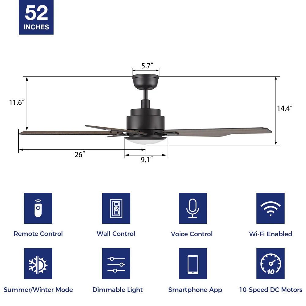 Essex Ⅱ Smart Outdoor Ceiling Fan with Dimmable LED Light Remote 52 Inch