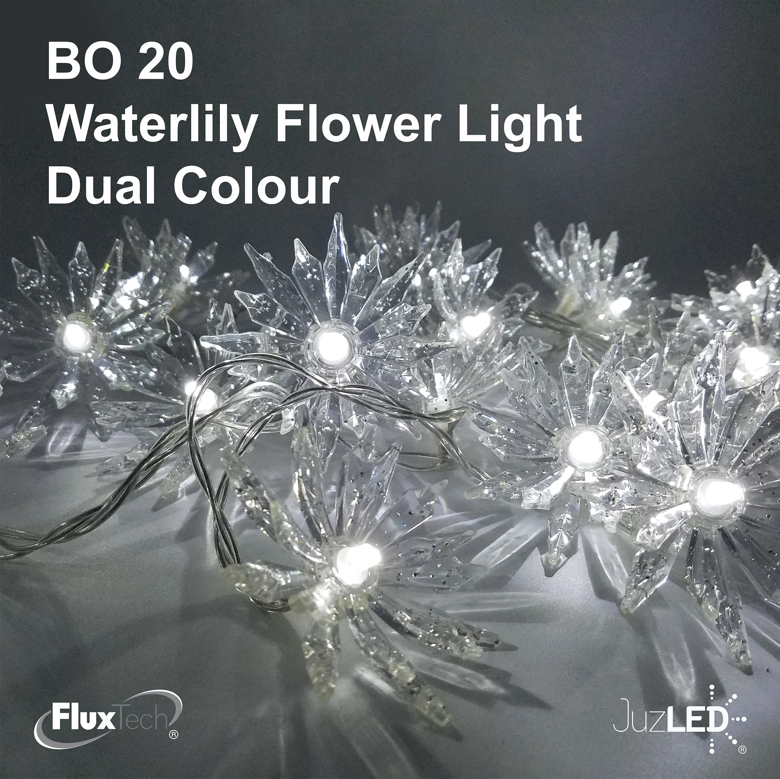 FluxTech - Sparkling Waterlily Flower 20 x Dual Colour LED String Lights by JustLED – Multi-function Effect – Timer function - Battery Operated