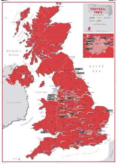 Football Fans Football Grounds Wall Map Red Wall Map by Maps International