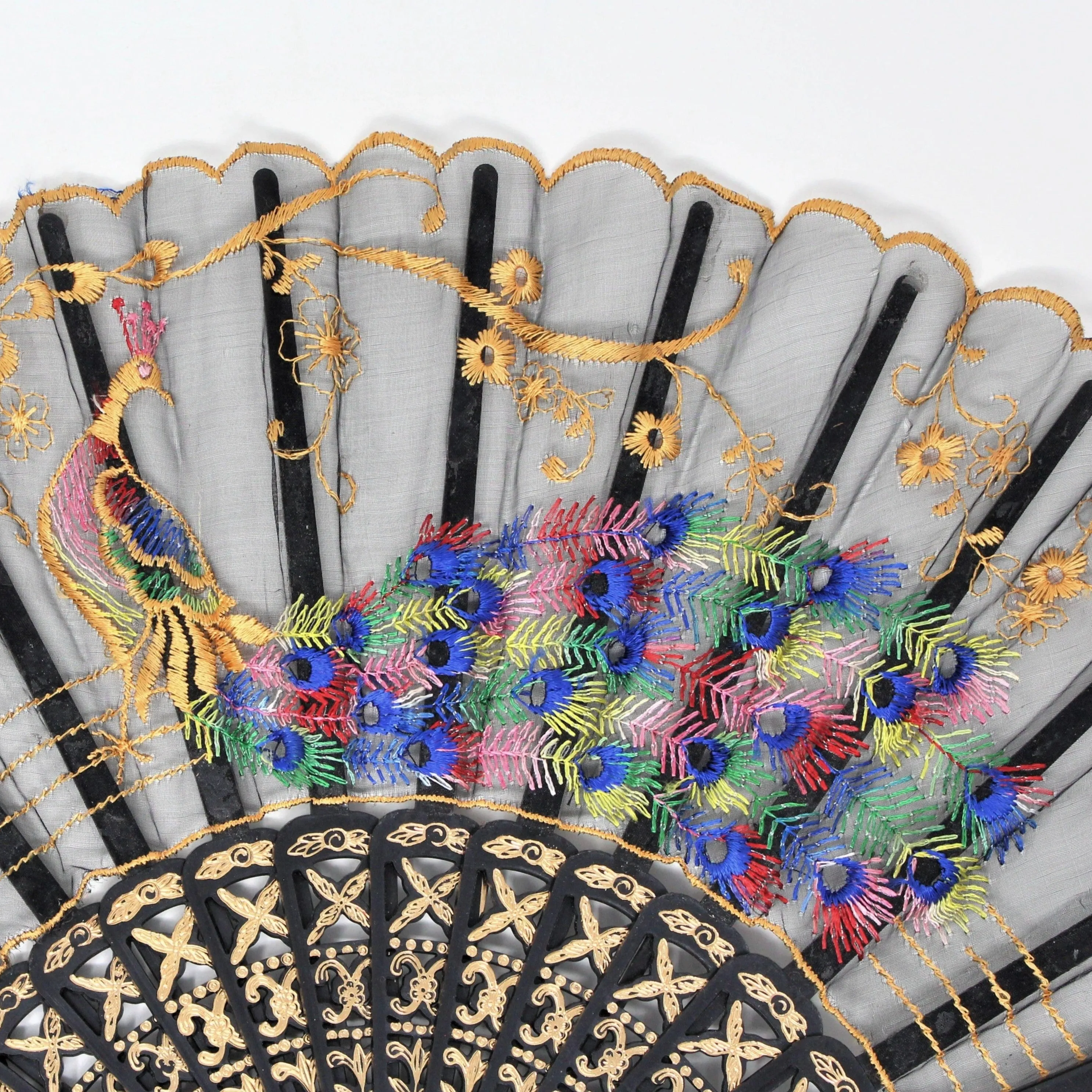 Hand Fan, Oriental Style, Embroidered Pink Crest Peacock, Cut-Work, China