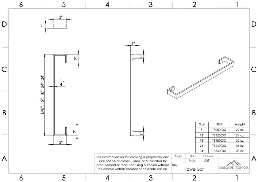 Hand Towel Bar - Several Sizes