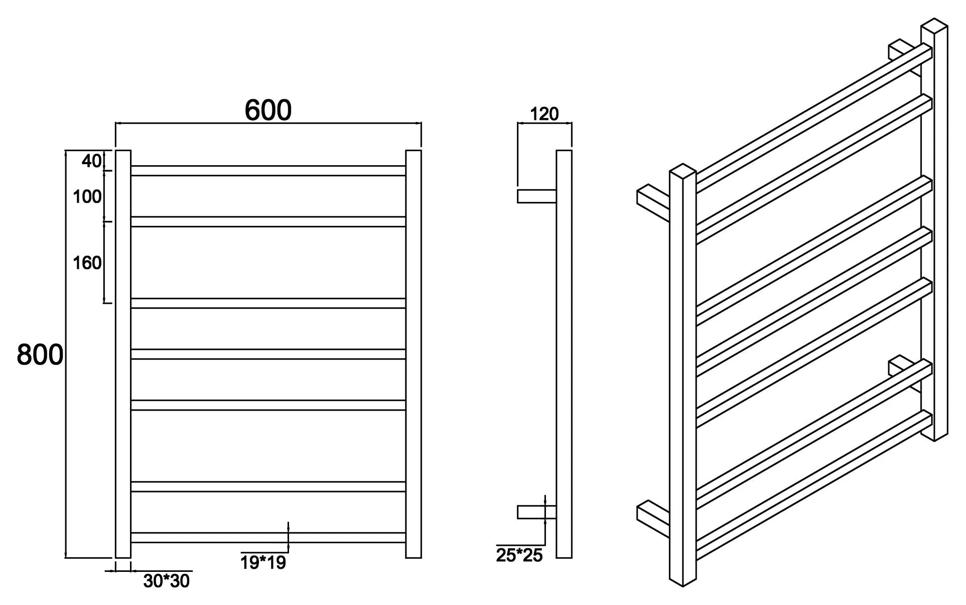 Heated Towel Rail Square 4/6/8 Bar - Black