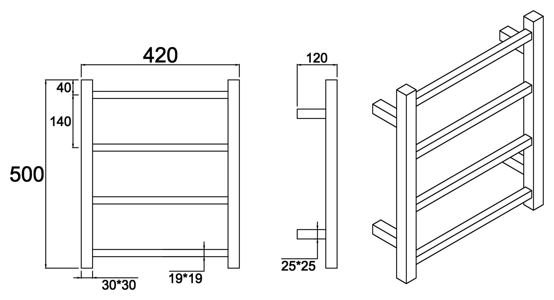 Heated Towel Rail Square 4/6/8 Bar - Black