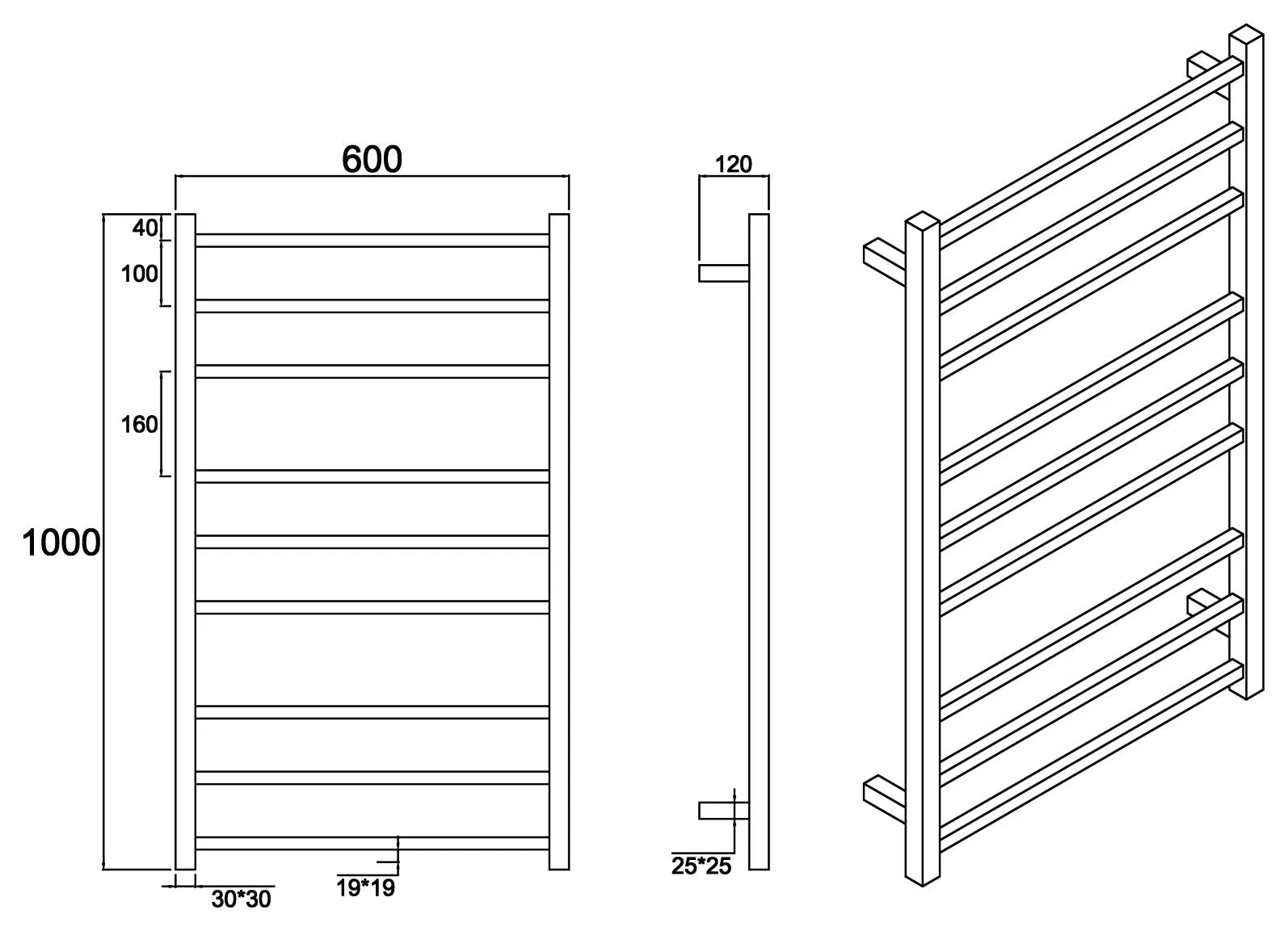 Heated Towel Rail Square 4/6/8 Bar - Black