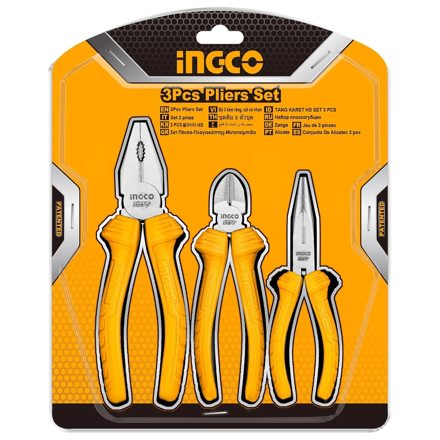 INGCO 3 Pcs Pliers Set, Polish and Anti-rust Oil, Soft Handle, 7"Combination Pliers, 6"Long Nose Pliers, 6" Diagonal Cutting Pliers, for Home, DIY, Repair