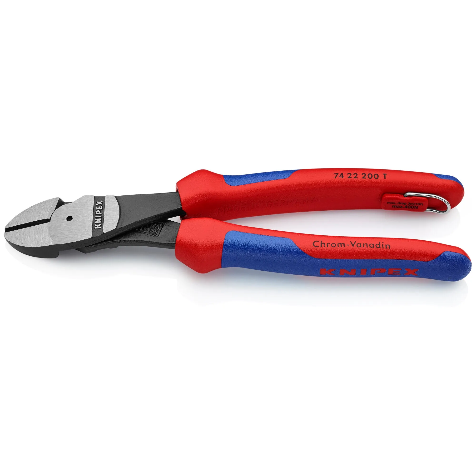 Knipex 74 22 200 T BKA 8" High Leverage 12° Angled Diagonal Cutters-Tethered Attachment